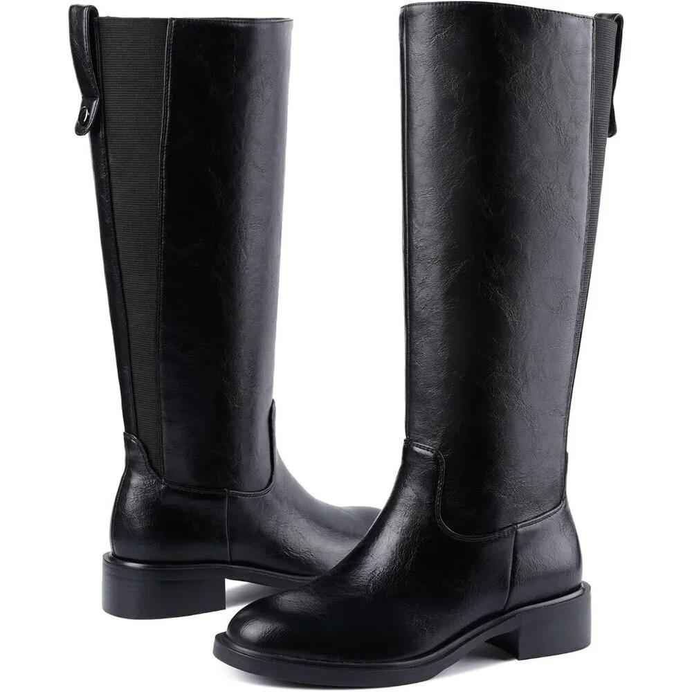 Women's  A-black Chunky Low Heel Pull On Riding Comfortable Knee High Boots